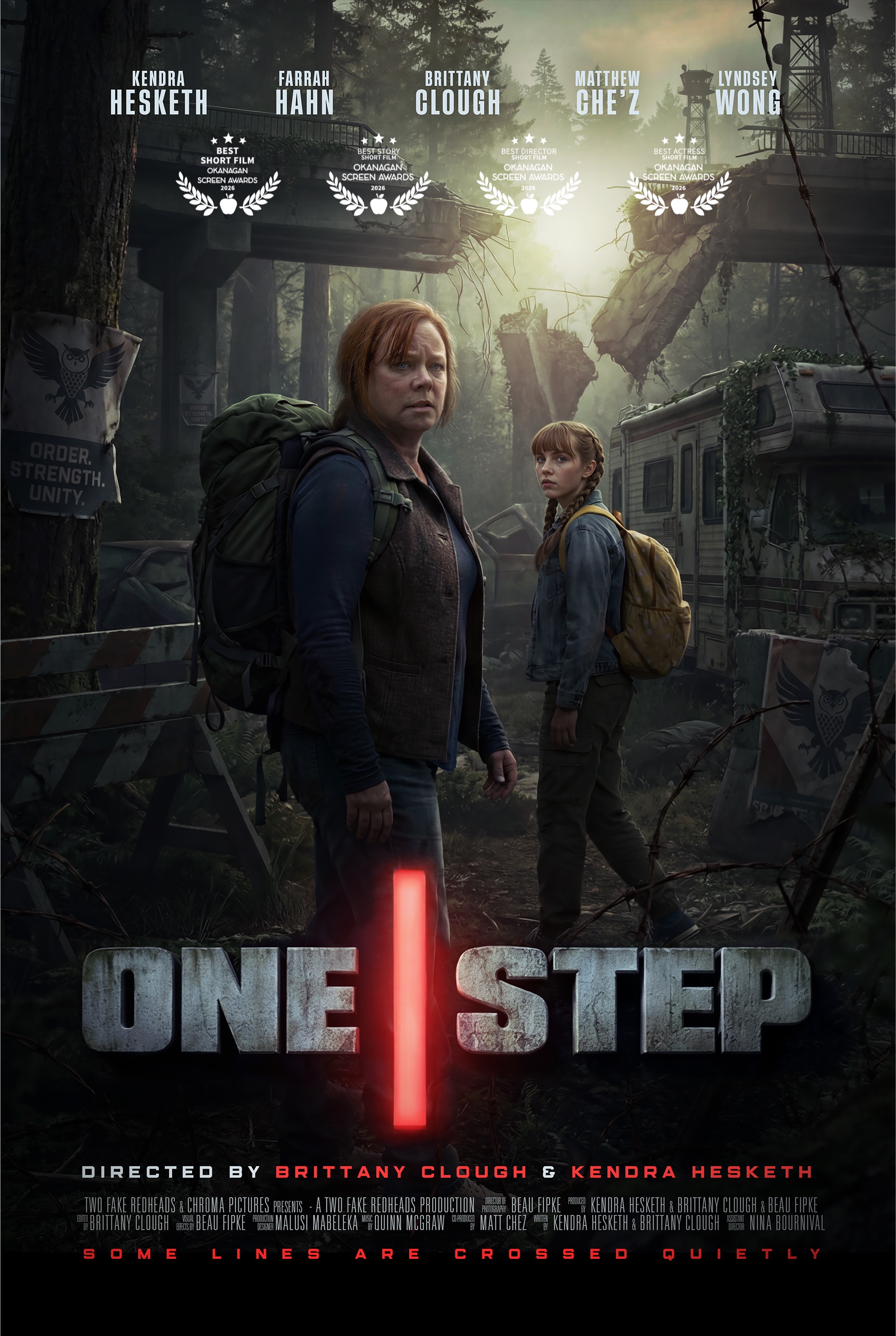 One Step — film poster. A mother and daughter stand in a misty post-apocalyptic forest beside a wrecked highway, with a vertical red line of light between them and the title.
